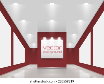 Vector interiors. Exhibition hall with white frames on the wall, illuminated by floodlights.