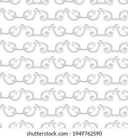 Vector interlinked decorative swirls seamless pattern background. Horizontal rows of ornate curled shapes in baroque style on white backdrop.Neutral vintage ornate design. Geometric repeat for wedding