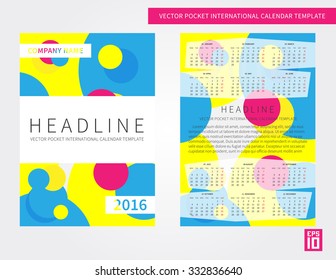 Vector international annual 2016 pocket calendar template. Week starts on Monday.
