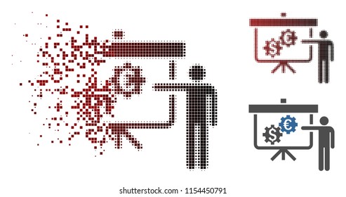 Vector international banking project icon in dissolved, dotted halftone and undamaged whole variants. Disintegration effect uses rectangle particles and horizontal gradient from red to black.