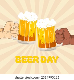Día internacional de la cerveza vectorial. afiche retro, volante, pancarta