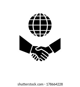 Vector International Business Icon With Gloe And Hand Shake | Flat Design Black Pictogram On White Background