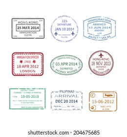 Vector international business and vacations travel visa stamps set like Hong Kong, Australia, London, New Zealand and Philippines