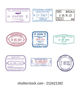 Vector international business and vacations travel visa stamps for passport set