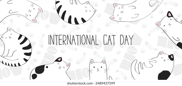 Ilustración del día internacional del gato del Vector con los gatos dibujados a mano de la historieta y las letras aisladas sobre fondo blanco. Plantilla de diseño animal lindo para el póster, impresión de la tarjeta, Anuncio