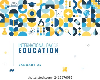 Vector International Day of Education poster with geometric elements and learning symbols. Geometric Template for Banner, Flyer, Greeting, Card, Cover