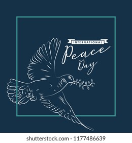 Vector International Day of Peace greeting design with dove. Popular humanity illustration banner design with blue theme vintage luxury style.
