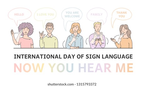 Vector international day of sign language poster with deaf-mute people communicating. young men and women speaking at hand language. Gesture communicating characters with disability