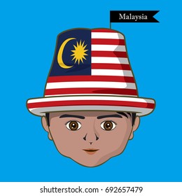 Vector of  International Flags on the hat. Boy icon-Malaysia
