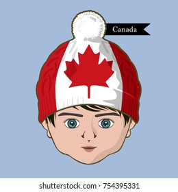 Vector of  International Flags on the knit cap. Boy icon-Canada