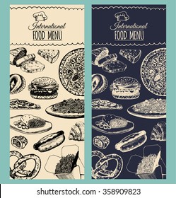 Vector international food menu. Fusion cuisine carte. Vintage hand drawn quick meals collection. Hipster snack bar, fast-food restaurant icons.