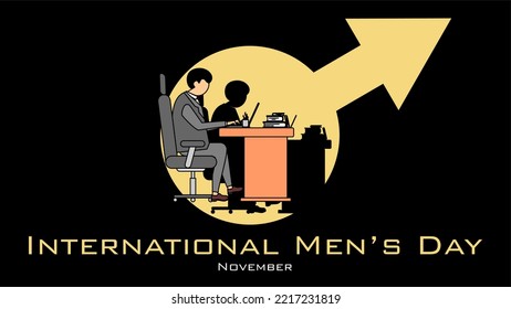 Vector with International Men's Day lettering - with illustration of a working man - greeting illustration cartoon poster - wallpaper Black backround copy space on November 19th 