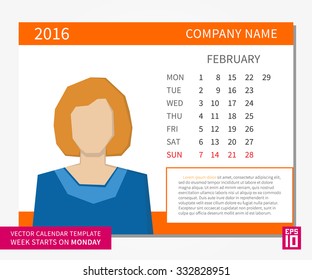 Vector international monthly February 2016 calendar template. Week starts on Monday.
