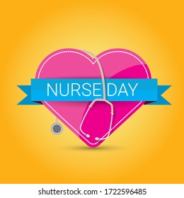 Vector International Nurse Day Greeting Card Or Label With Stethoscope Isolated On Orange  Background. Vector Nurses Day Icon Or Sign
