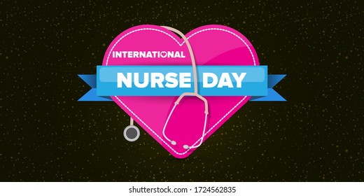 vector international nurse day greeting horizontal banner  with stethoscope and greeting text isolated on black background with stars. vector nurses day icon or poster design template