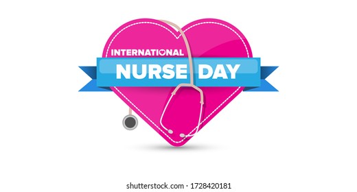 Vector International Nurse Day Greeting Card Or Horizonta Banner  With Stethoscope Isolated On White  Background. Vector Nurses Day Icon Or Sign Design Template