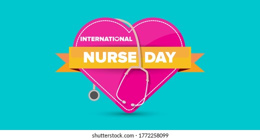 Vector International Nurse Day Greeting Card Or Horizonta Banner  With Stethoscope Isolated On Azure  Background. Vector Nurses Day Icon Or Sign Design Template