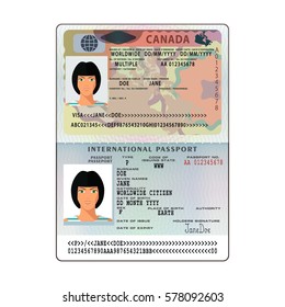 Vector international open passport with Canada visa