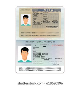 Vector international open passport with Ethiopia visa