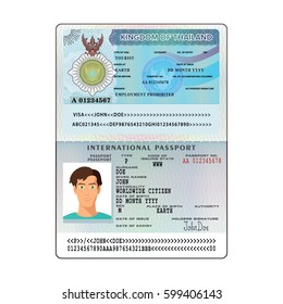 Vector international open passport with Thailand visa sticker