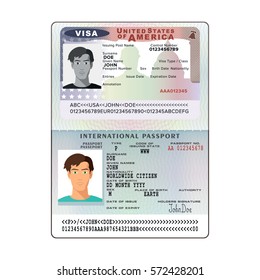 Vector passaporte aberto internacional com visto EUA