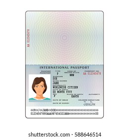 Vector international passport template and sample personal data page