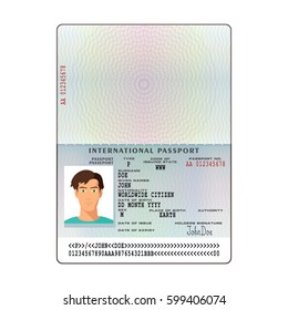 Vector international passport template with sample personal data page