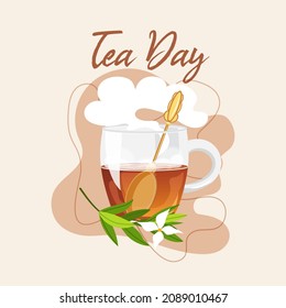 Vector International Tea Day card, december 15. Aromatic tea cup on beige background. World tea holiday concept. Cute flat illustration