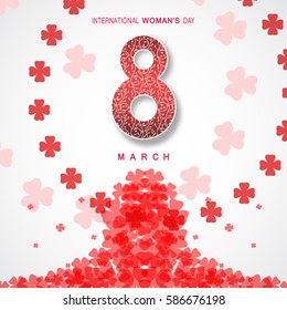 Vector International Woman's Day poster on the white background with text and red clover leaves arranged in a circle and center.