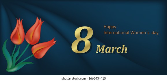 Vector of International women`s day banner with tulips amd text