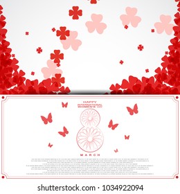 Vector International Women's Day envelope on the white background with butterflies, text and red clover leaves arranged in a circles and at corners.