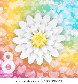 Vector International Women's Day gradient blue, yellow and pink background with heart silhouettes different transparency and flower at the center.