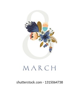 Vector International Women's Day greeting card. 8 March sign with the decor of  spring plants, leaves and flowers.