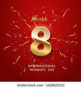 Vector International Women's Day greeting card template. Number eight with sparkling gold ribbons and confetti on red background. 8 march luxury background