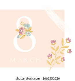 Vector International Women's Day greeting card. 8 March sign with the decor of spring plants, leaves and flowers.