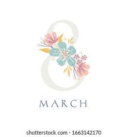 Vector International Women's Day Greeting Card. 8 March Sign With The Decor Of Spring Plants, Leaves And Flowers.