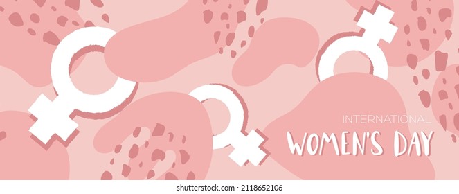 Vector International Women's Day horizontal banner. 8th march. Soft Pink poster with abstract shapes and female symbol. Vector background in flat style for greeting card, postcard, web, banner.