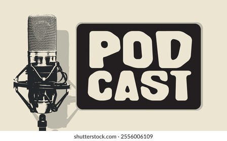 vector internet banner for podcast or internet radio with retro microphone and inscription. Suitable for advertising or logo