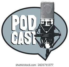 Banner vetorial da internet para podcast, rádio da internet com microfone retrô, letras e balão de fala ou balão de fala, indicando fala direta. Publicidade, logotipo, cartaz. Nenhuma IA usada
