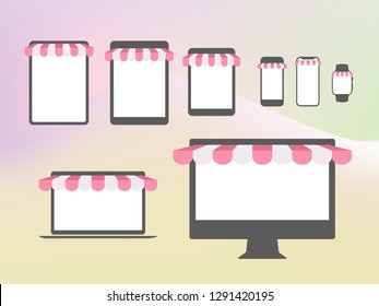 The vector internet business online store device flat icon set, mobile, tablet, laptop, desktop computer flat gadget