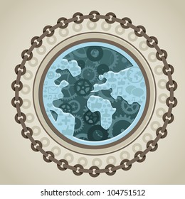 vector internet concept - globe with social media icons in steam punk style