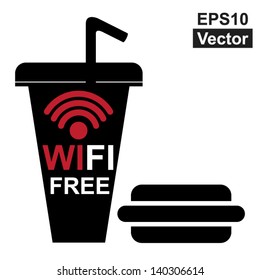 Vector : Internet Hotspot, Internet Cafe or Technology Concept Present By A Fastfood Sign  With Wifi Free Sign Inside Isolated on White Background