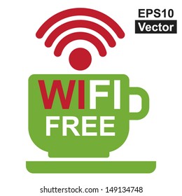 Vector : Internet Hotspot, Internet Cafe or Technology Concept Present By Green Coffee Cup With Wifi Free Sign Inside Isolated on White Background
