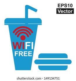 Vector : Internet Hotspot, Internet Cafe or Technology Concept Present By Blue Fastfood Sign With Wifi Free Sign Inside Isolated on White Background 