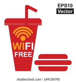 Vector : Internet Hotspot, Internet Cafe or Technology Concept Present By Red Fastfood Sign With Wifi Free Sign Inside Isolated on White Background 