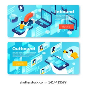 Vector internet inbound and outbound marketing banner templates concept, man with megaphone attract customers online. With place for your text