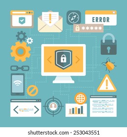 Vector internet and information security concept in flat style - infographics design elements and icons