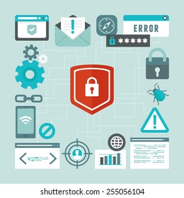 Vector internet and information security concept in flat style - infographics design elements and icons