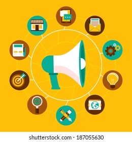 Vector internet marketing concept in flat style - megaphone and icons -online business infographic design elements