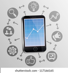 Vector internet marketing concept on mobile phone screen - background with technology icons